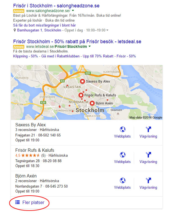 Google My Business i sökresultaten med exemplet frisör stockholm